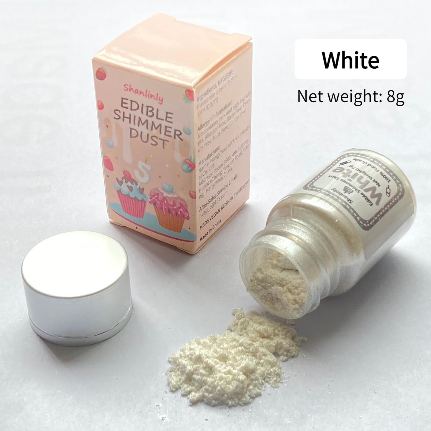 Shanlinly White Edible Luster Dust - 8 Grams Food Grade Cake Dust Shimmer Powdered, Edible Metallic Powder Food Coloring for Cak