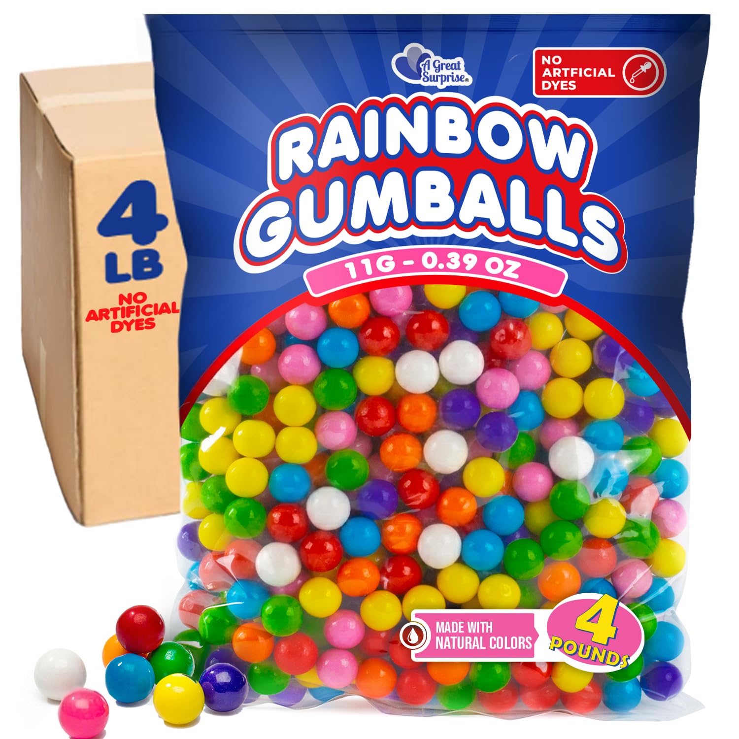 Bulk Mini Gumballs (-Inch) - 4 lb Bag - Naturally Colored Gum - No Artificial Dyes - Rainbow Gumballs for Vending Machines, Piat