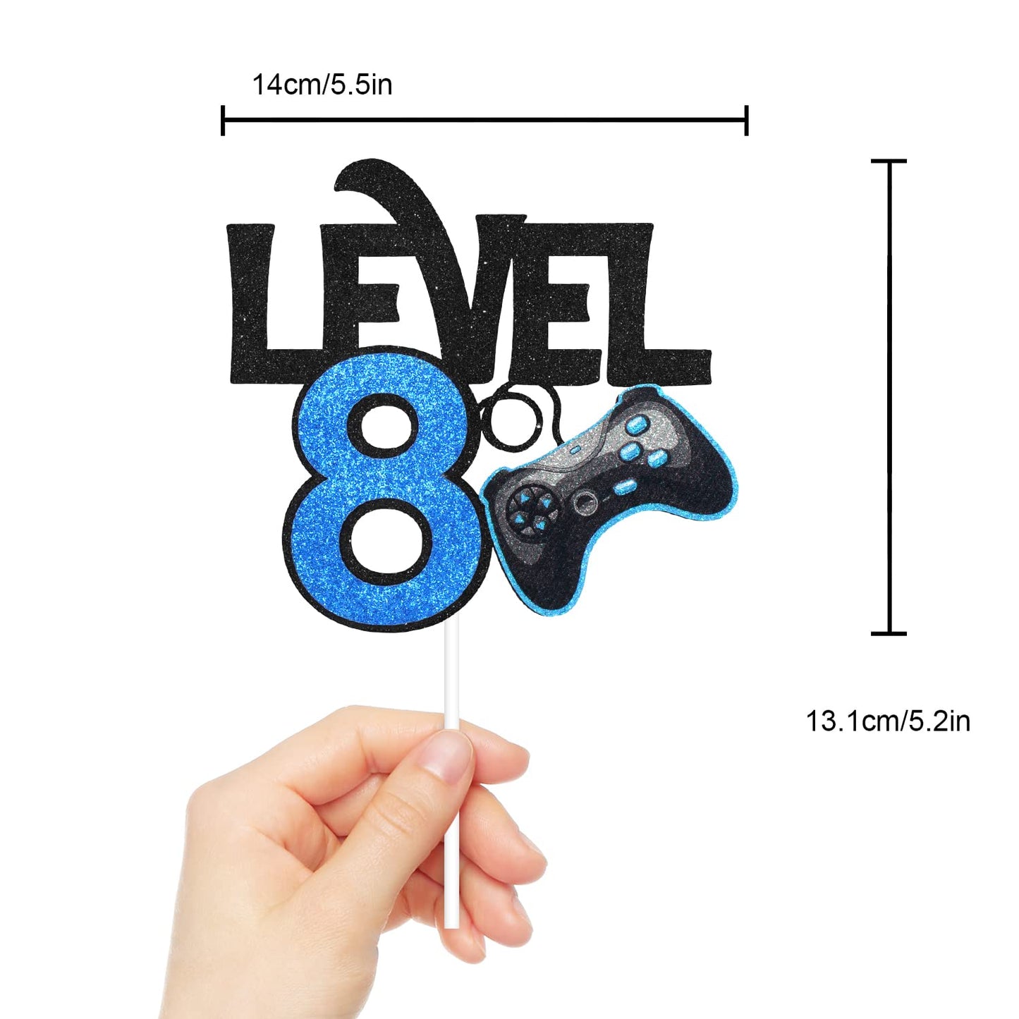 Caiwowo Level 8 Game Birthday Cake Topper - Blue Paper Decoration for Boys 8th Birthday Party