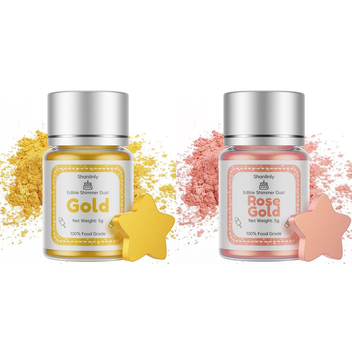 Gold Rose Gold Luster Dust Edible Glitter Drinks Set - Food Grade Cake Dust Shimmer Powdered, Vegan Edible Metallic Powder Food 