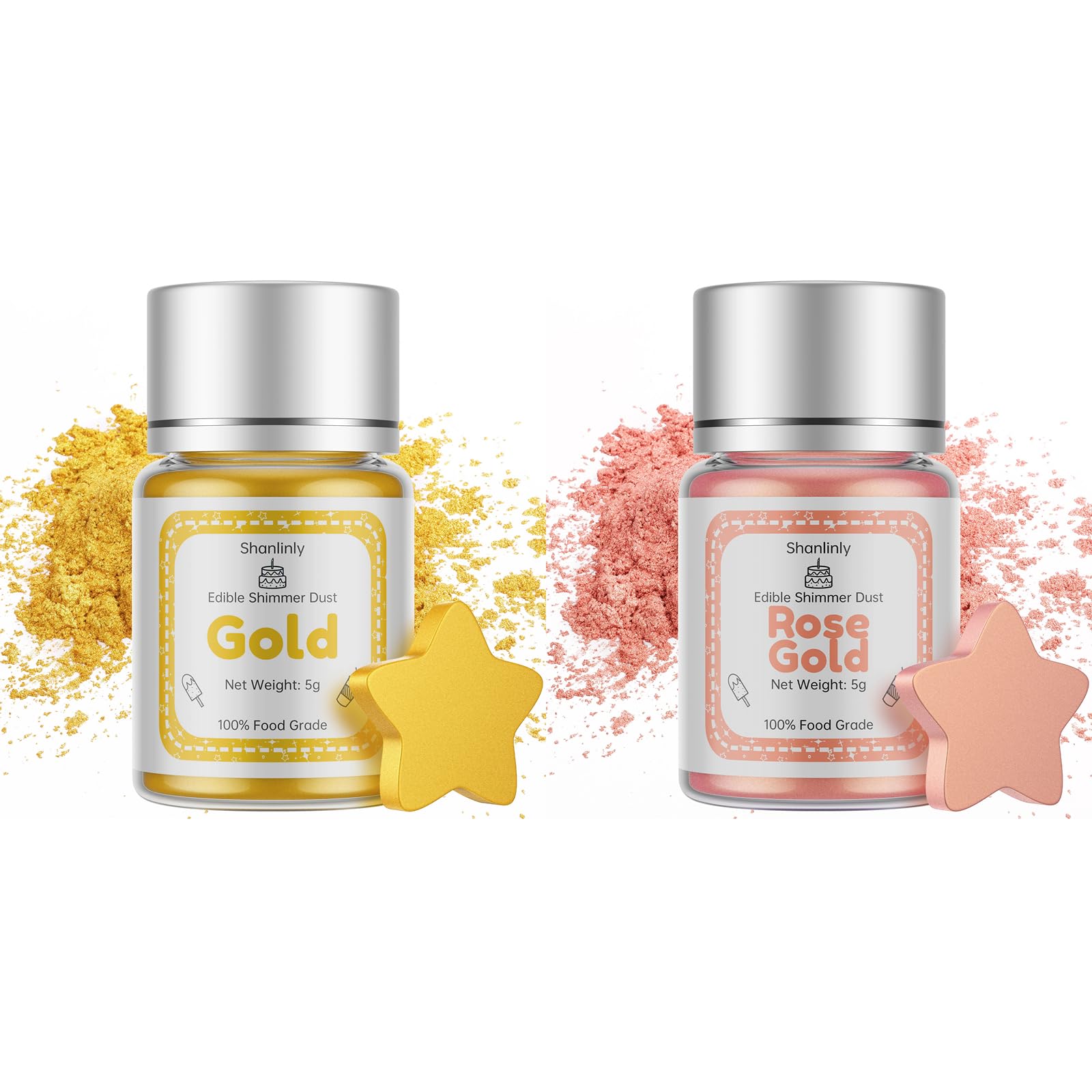 Gold Rose Gold Luster Dust Edible Glitter Drinks Set - Food Grade Cake Dust Shimmer Powdered, Vegan Edible Metallic Powder Food 