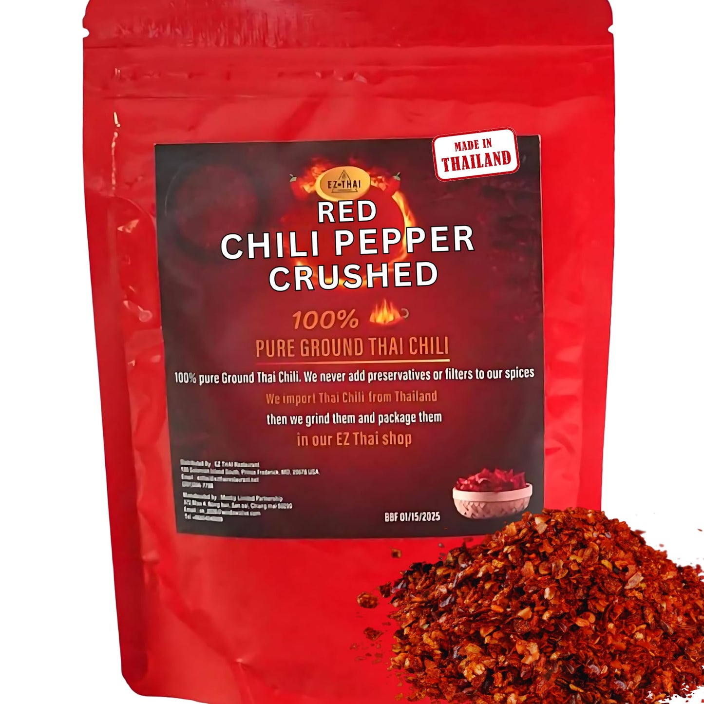 EZ THAI - Chili Pepper Flakes 3.5oz - Thai Red Chilli Crushed Powder Seasoning Spice for Chinese, Mexican, & Asian Cooking Cuisi