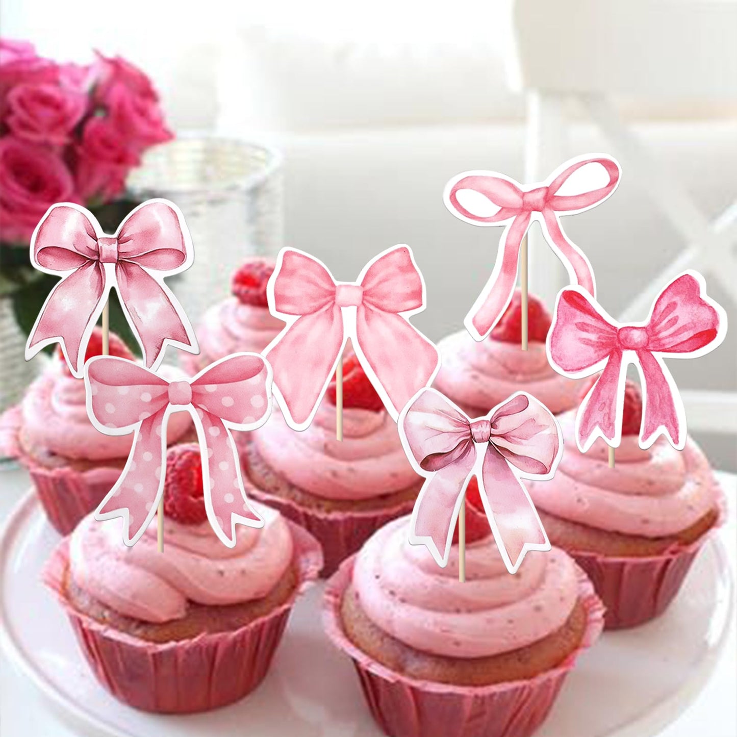 YCTHUNFISH Pink Bow Cupcake Toppers - 36 Pack Paper Picks for Wedding, Bridal Shower, Birthday Party Decorations