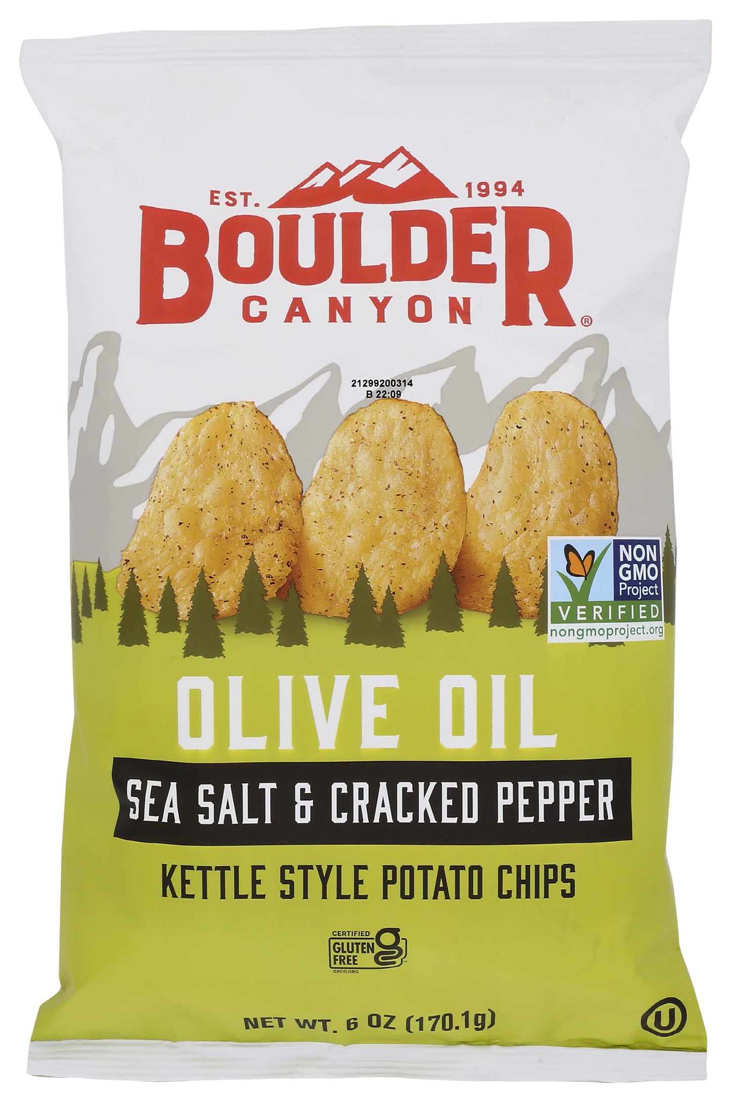 Boulder Canyon Kettle Cooked Potato Chips, Cooked in 100% Olive Oil, Wavy Canyon Cut, NON-GMO Verified, Gluten Free, Sea Salt & 