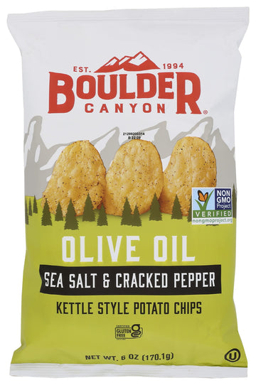 Boulder Canyon Kettle Cooked Potato Chips, Cooked in 100% Olive Oil, Wavy Canyon Cut, NON-GMO Verified, Gluten Free, Sea Salt & 
