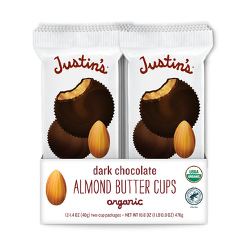 Justin'S Organic Almond Butter Cups, Dark Chocolate, Rainforest Alliance Certified Cocoa, Gluten-Free, Responsibly Sourced, 1.4 