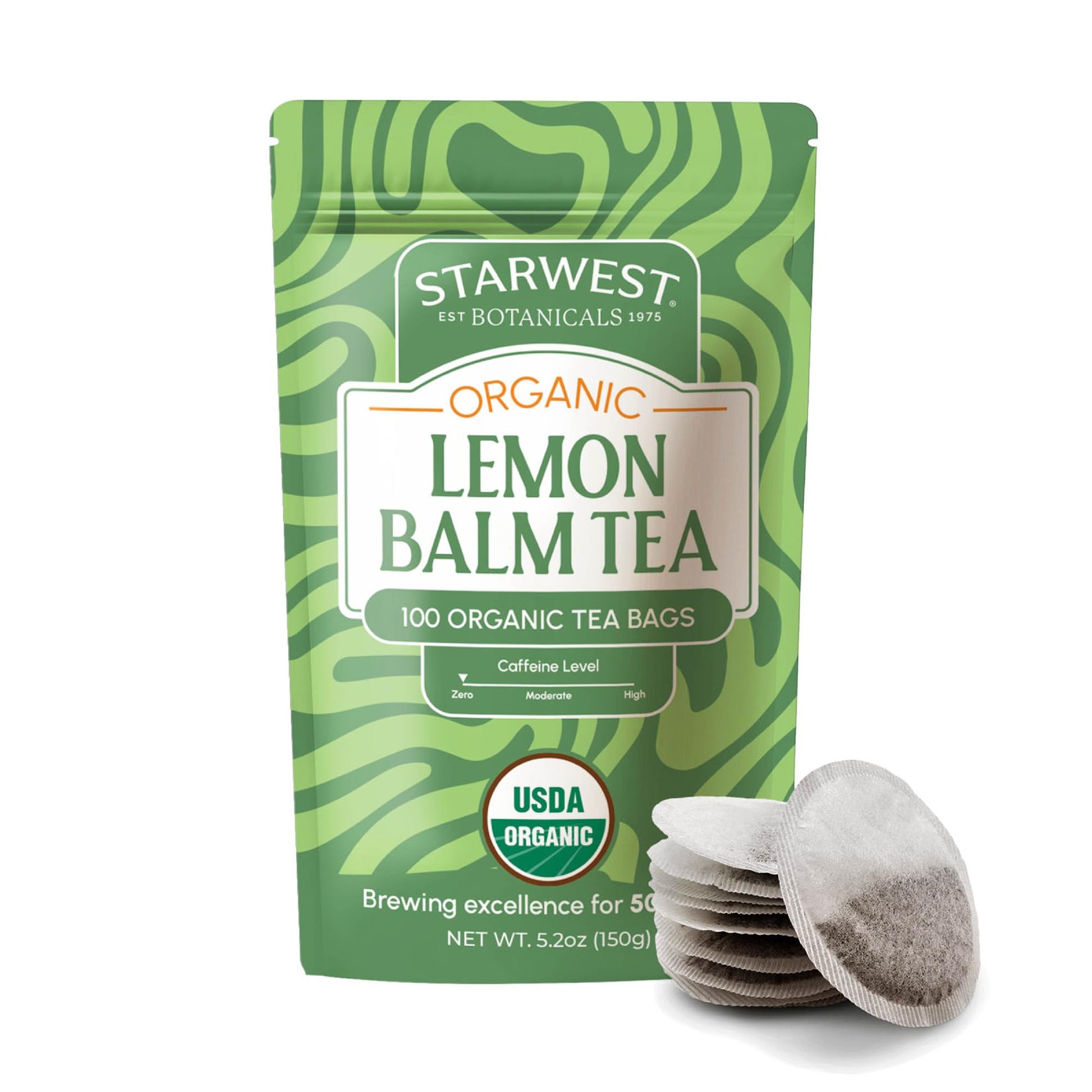 Starwest Botanicals Organic Lemon Balm Leaf Tea - Calming Herbal Tea for Women & Men  Caffeine Free  USDA Organic Lemon Balm Leaf  String Free Sachets  Non GMO - Bulk Pack  100 Tea Bags