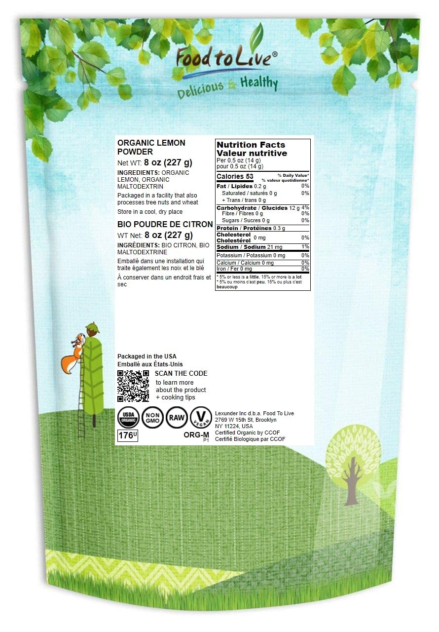Food to Live Organic Lemon Powder, Non-GMO, Unsulfured, 8 Ounces
