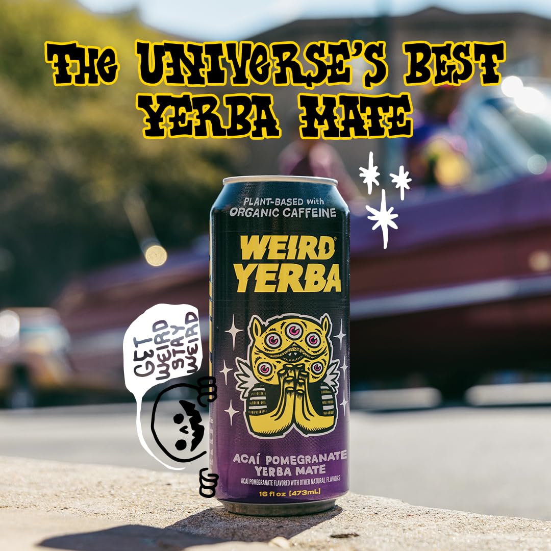 WEIRD Organic Acai Pomegranate Yerba Mate Energy Drink, 16 Fl Oz Cans, Pack of 12, 160mg Organic Caffeine