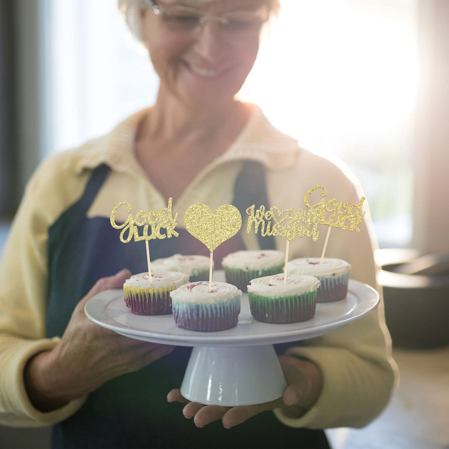 Gyufise 36Pcs Gold Glitter We Will Miss You Cupcake Toppers With Love Glitter Good Luck Cupcake Picks Going Away Farewell Retire