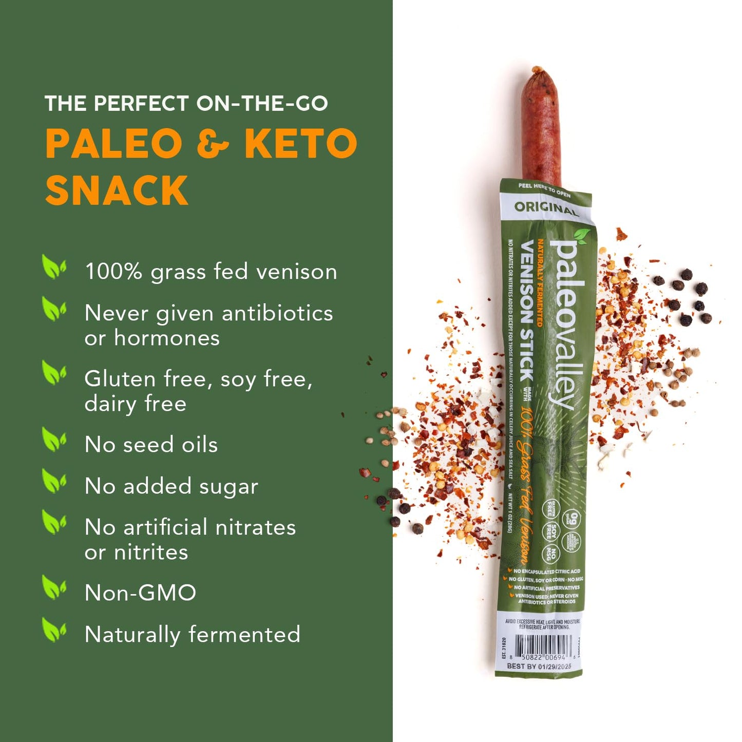 Paleovalley Venison Sticks – 10 Pack – Keto-Friendly, High Protein, Low-Calorie, Gluten-Free Meat Snack