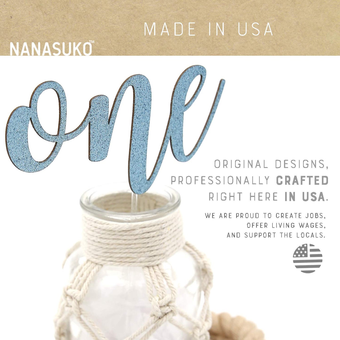 Nanasuko 1St Birthday Cake Topper - One - Double Sided Baby Blue Glitter - Premium Quality Made In Usa