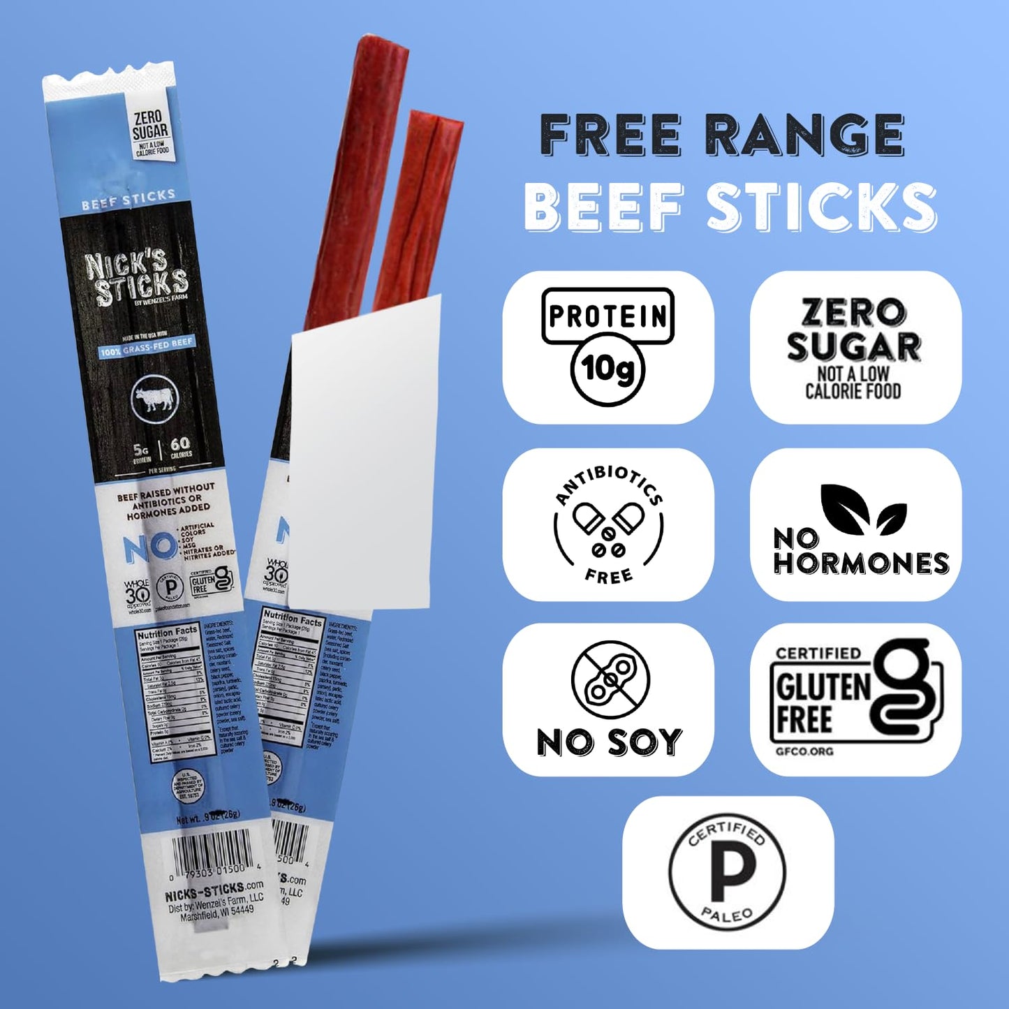Nick'S Sticks Clean & Balanced 100% Grass-Fed Beef Snack Sticks | Made In The Usa | Gluten Free | Paleo, Keto, Whole30 Approved