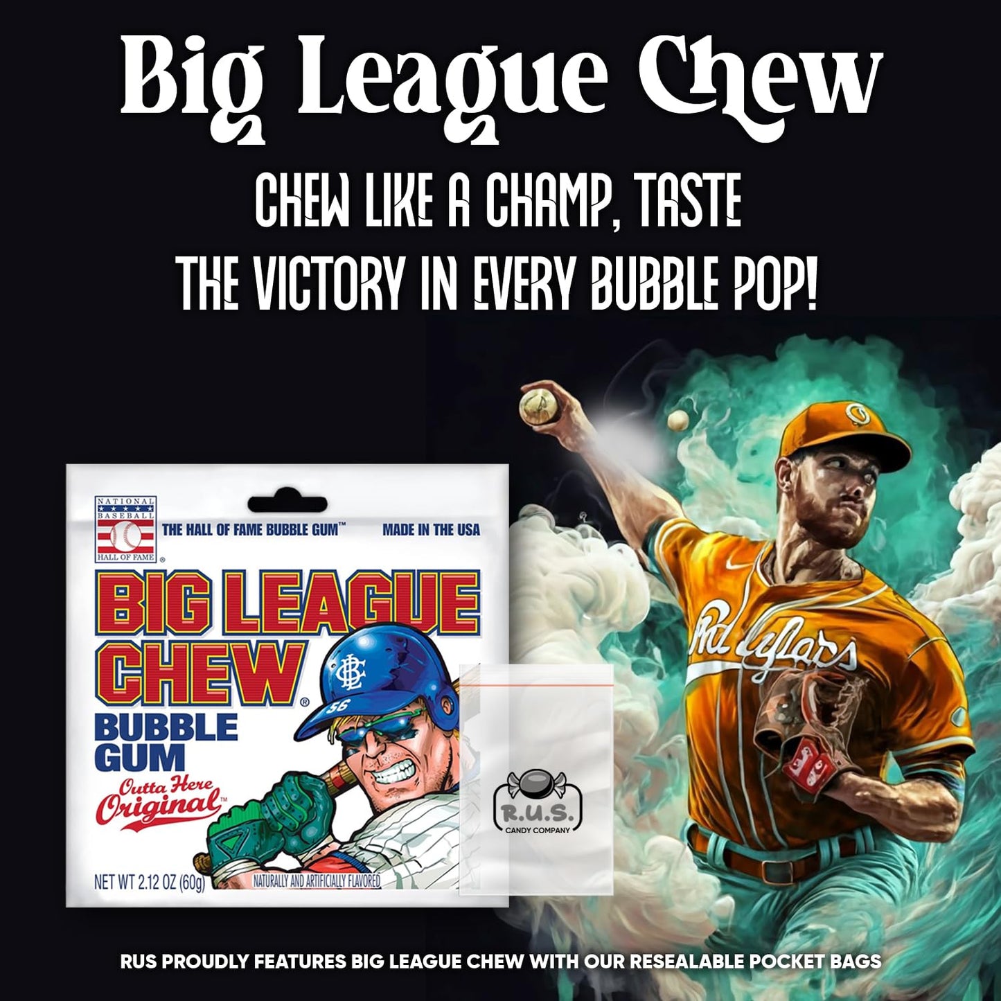 Big League Chew- Outta Here Originalflavored Shredded Bubble Gum- 3 Pack- 2.12Oz Each Plus Rus Candy Company Pocket Bag Bundle (