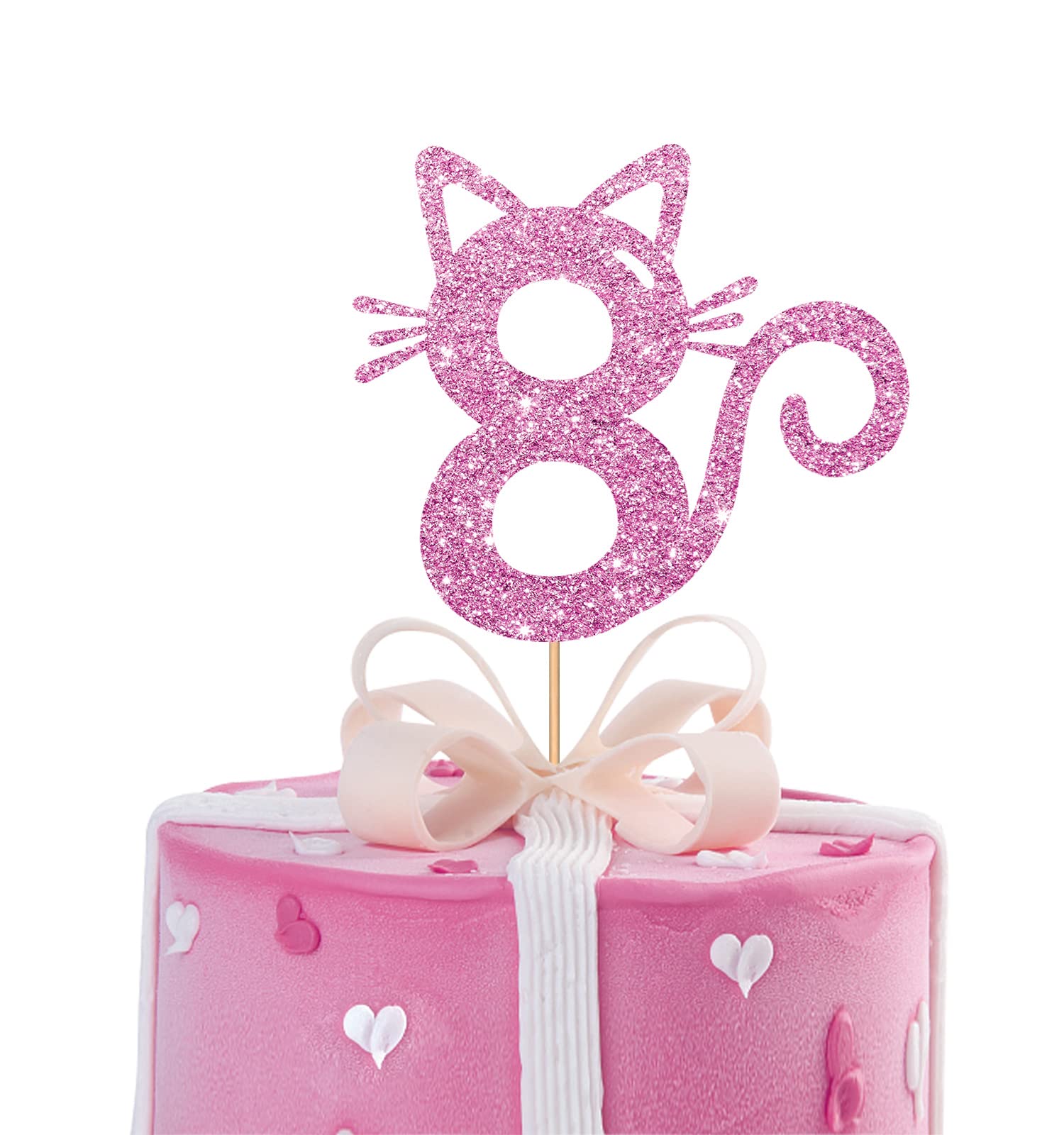 MINUET MINUTE Cat Eight Cake Topper, Pink Glitter, Birthday Party Decoration for 8th Birthday Girl