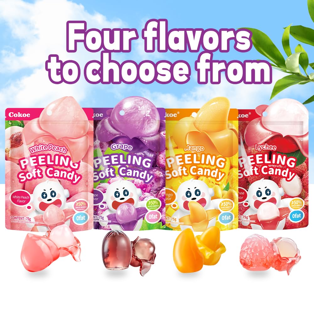 COKOC Peelable Gummy Variety Pack - 4 Individual Packs in Mango, Grape, White Peach & Lychee Flavors Candy Treats