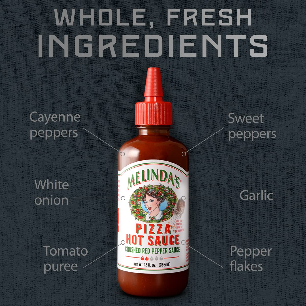 Melindas Pizza Hot Sauce - Crushed Red Pepper Sauce Made with Fresh Ingredients, Cayenne Peppers, Garlic, Tomatoes - Gourmet Spi