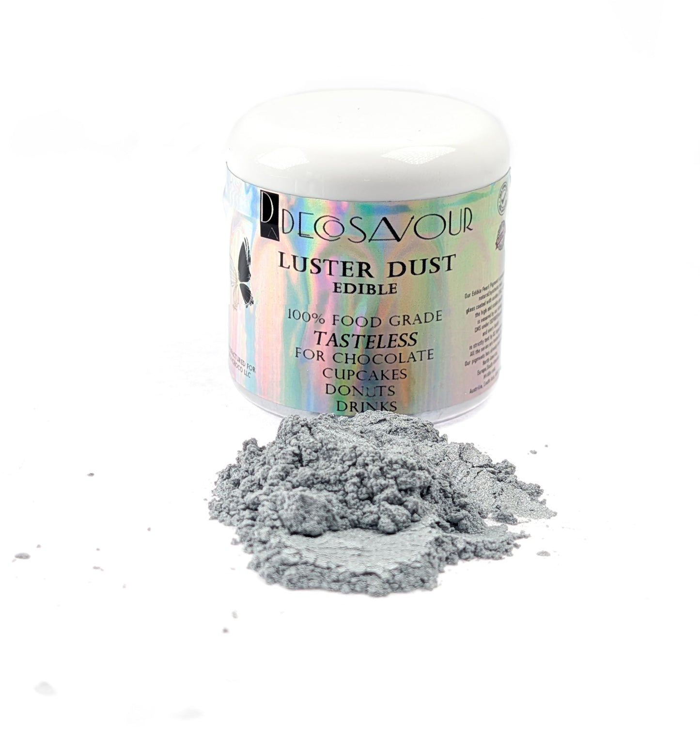 Decosavour Silver Gray Luster Dust - Edible Food Coloring Powder for Cakes and Drinks, 15g Pack, Vegan, Gluten Free