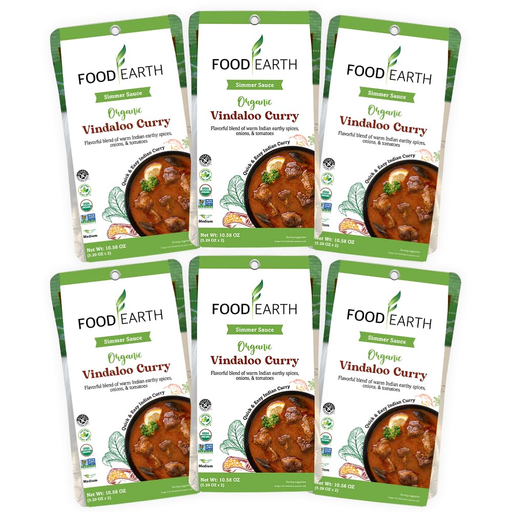 Food Earth Indian Simmer Sauce - Vindaloo Curry - Organic, Vegan, Gluten-Free, GMO-Free - Microwavable Cooking Sauce - 12 Pouche