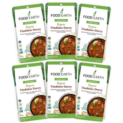 Food Earth Indian Simmer Sauce - Vindaloo Curry - Organic, Vegan, Gluten-Free, GMO-Free - Microwavable Cooking Sauce - 12 Pouche