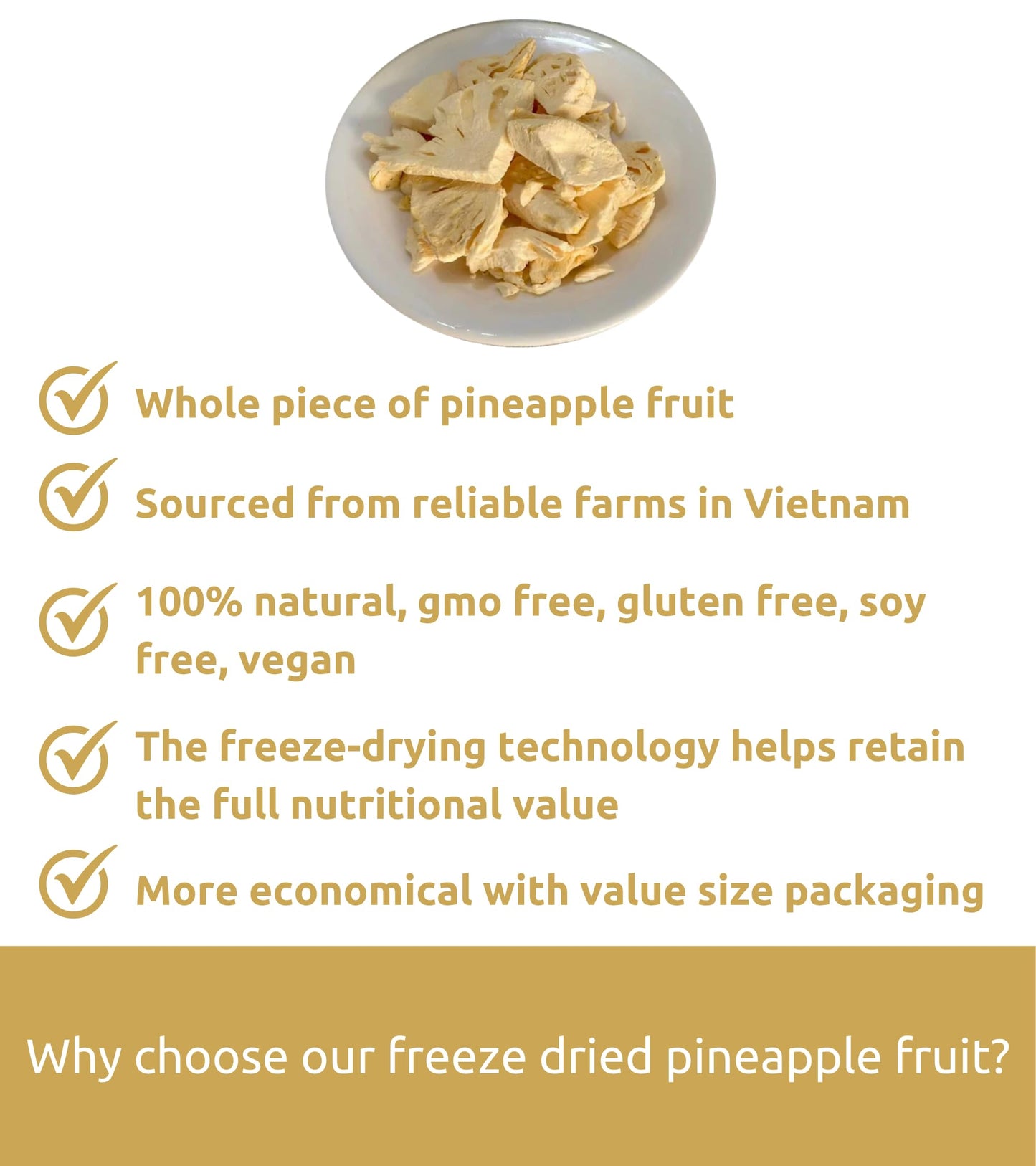 KAMVIVA Vietnams Freeze Dried Pineapple Fruit, 100g/3.5 Oz, 100% Natural, Pineapple Chunks, Bites, No Sugar Added, Non GMO, Glu