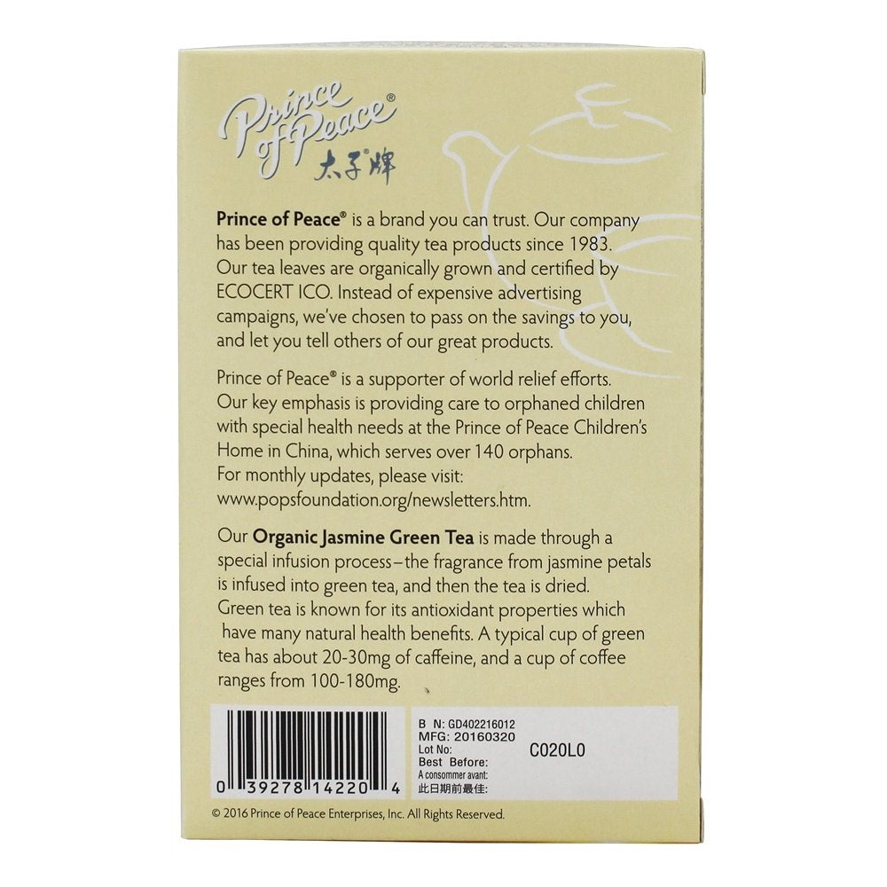Prince of Peace Organic Jasmine Green Tea - 20 Tea Bags, 100% Organic, Lower Caffeine Alternative to Coffee, Herbal Benefits