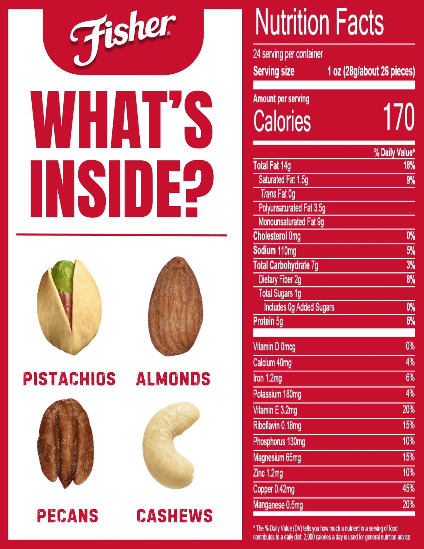 Fisher Deluxe Mixed Nuts, Oven Roasted, Gluten Free, 24 Ounces, No Added Oil, Sea Salt, Pack of 1