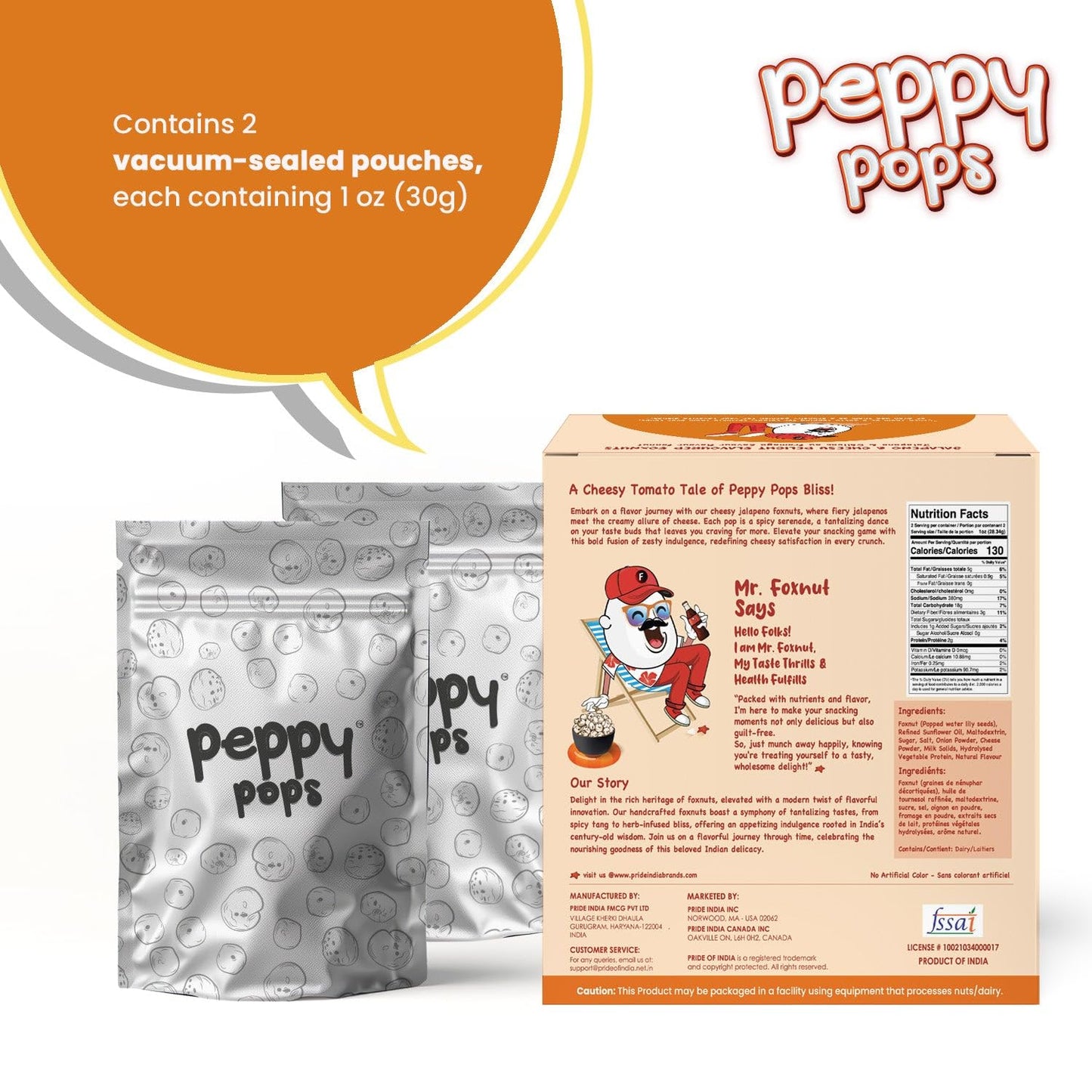 Peppy Pops Jalapeno & Cheesy Delight Foxnuts 2 oz (57 gm) - Spicy Cheesy Puffed Snack - Roasted Indian Makhana - Gluten-Free, Hi