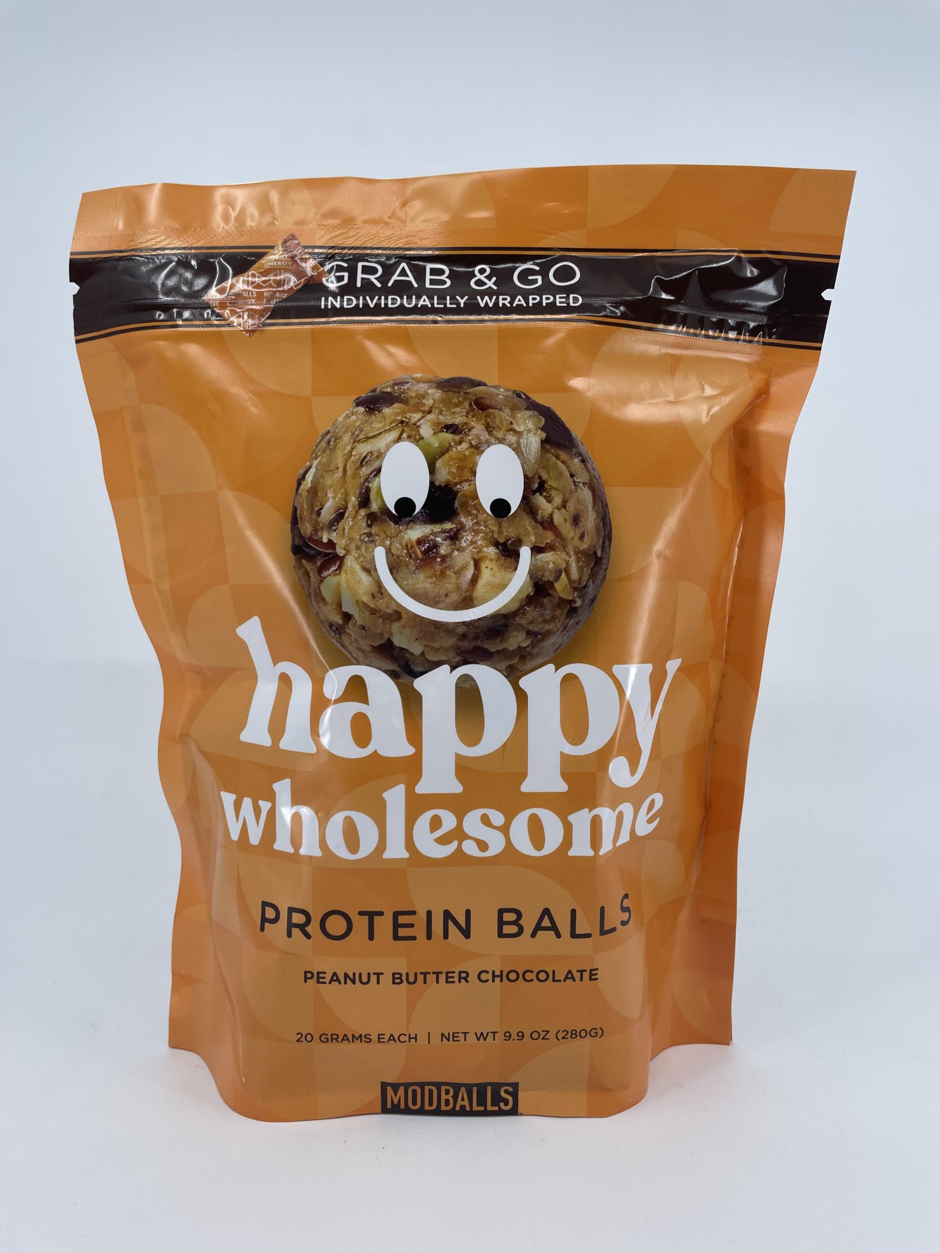 Happy Wholesome Protein Balls, Peanut Butter Chocolate, Healthy and on the Go, 7 Servings Per Pouch | Raw Cold Pressed Honey, 8 