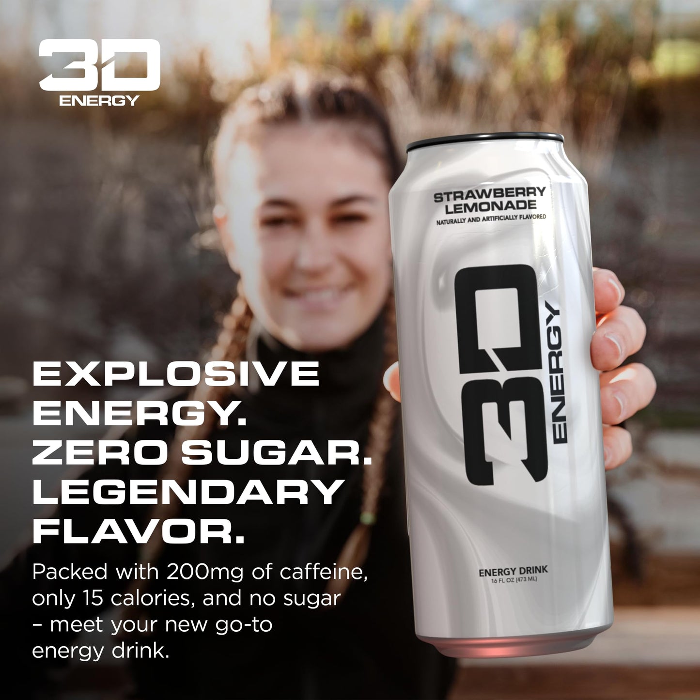 3D Energy Drink - Sugar Free  200mg Caffeine  Pre Workout  Taurine  L-Carnitine  Lightly Carbonated  16oz Cans  12 Pack - Strawberry Lemonade
