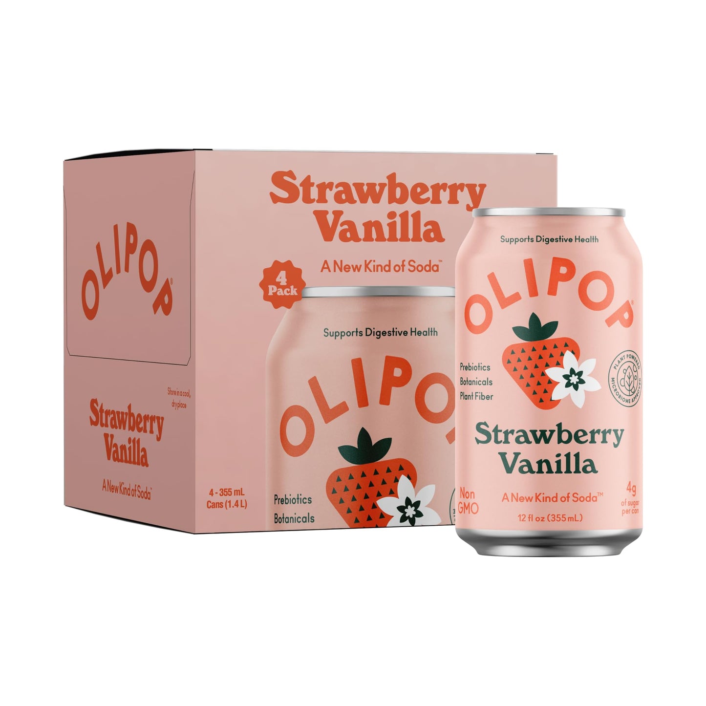 OLIPOP Prebiotic Soda Pop  Strawberry Vanilla  Prebiotics  Botanicals  Plant Fiber  12 fl oz (4 Cans)