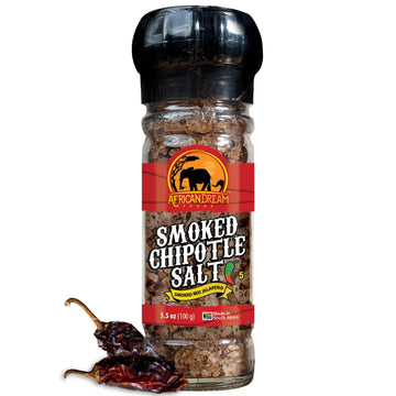 African Dream Foods Smoked Chipotle Spicy Salt Seasoning - 3.5 oz Reusable Grinder with Jalapeno Peppers, Ideal for Meat, Chicken, Seafood