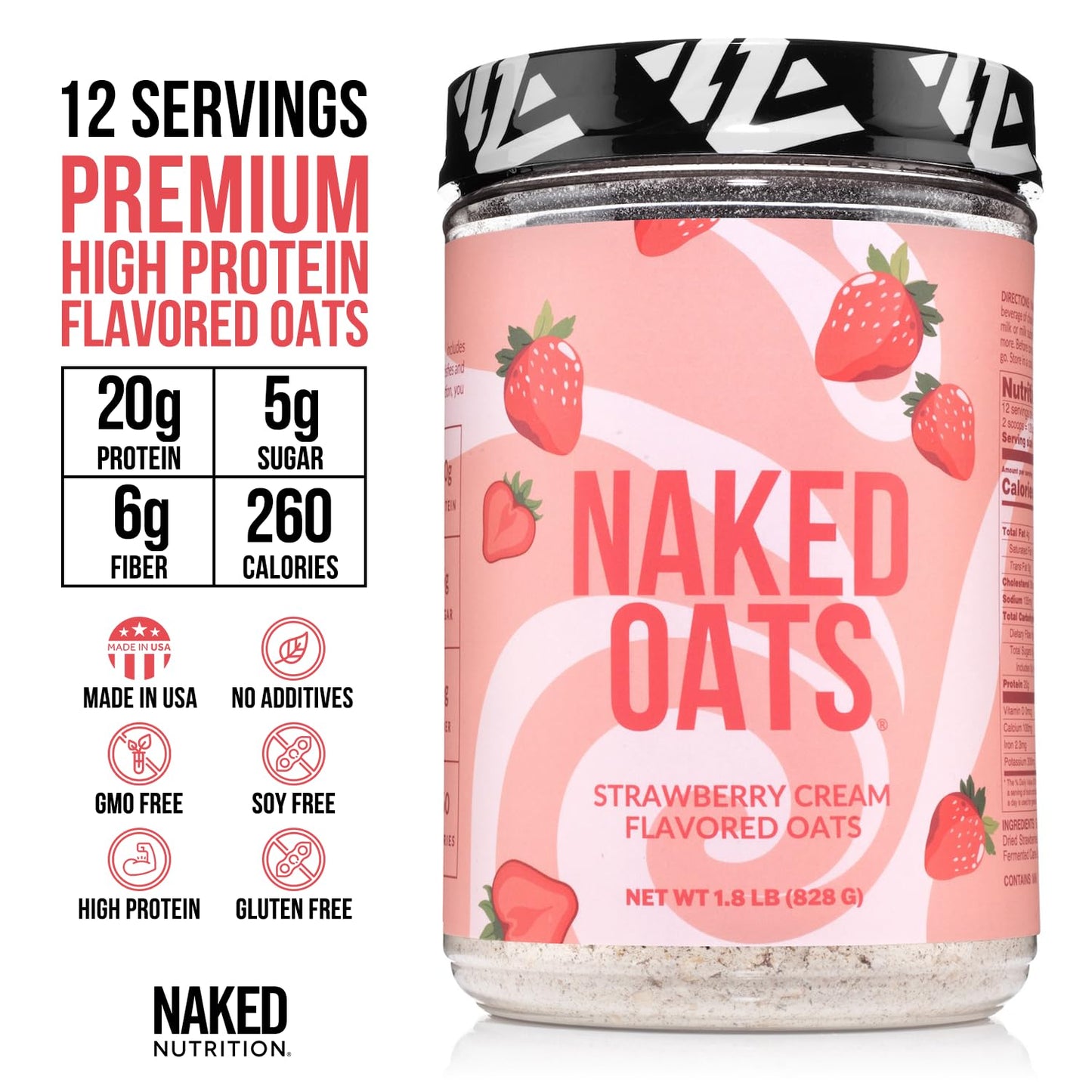 Naked Oats - Strawberry Cream Overnight Oats, 20G Grass-Fed Protein, Gluten-Free Oatmeal Instant Breakfast Or Shake, High Protei