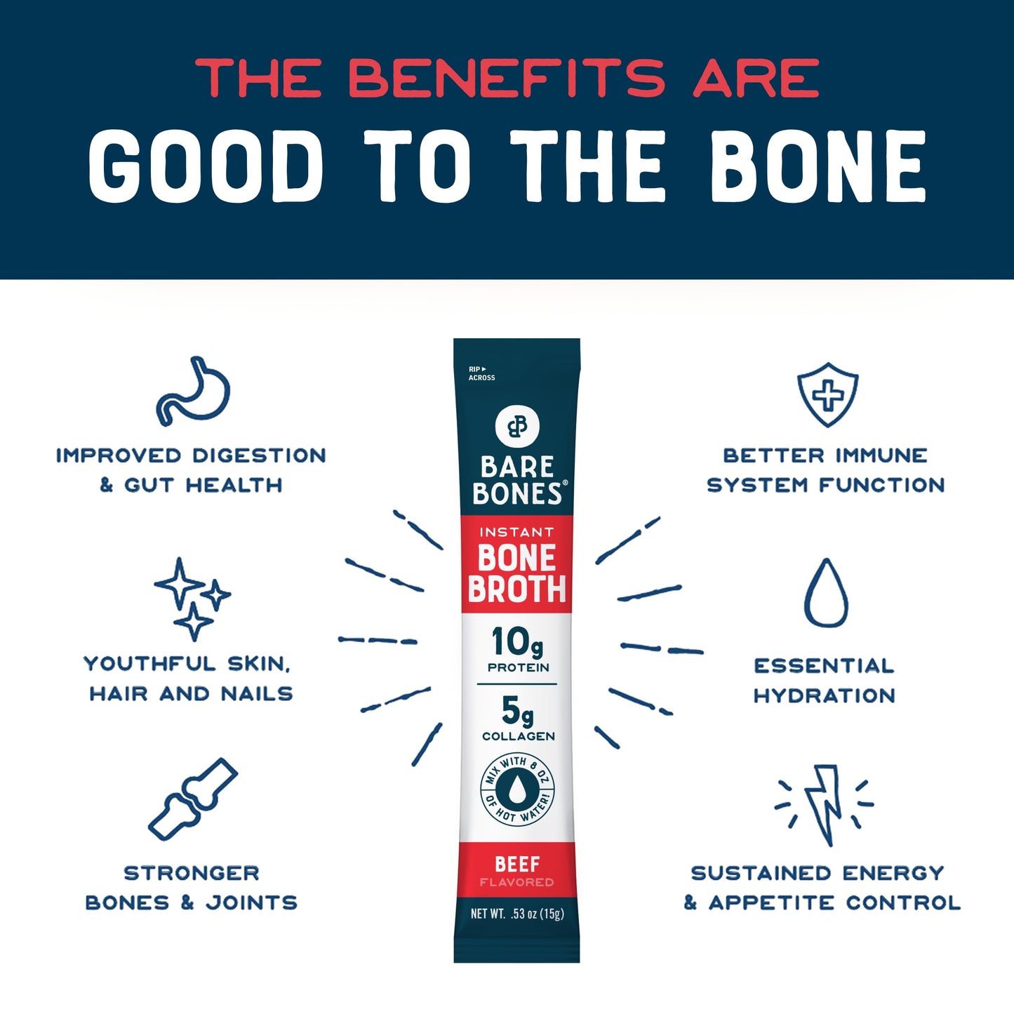 Bare Bones Beef Bone Broth Powdered Mix | 10g Protein | 2.11 oz | Keto & Paleo Friendly | 4 Pack