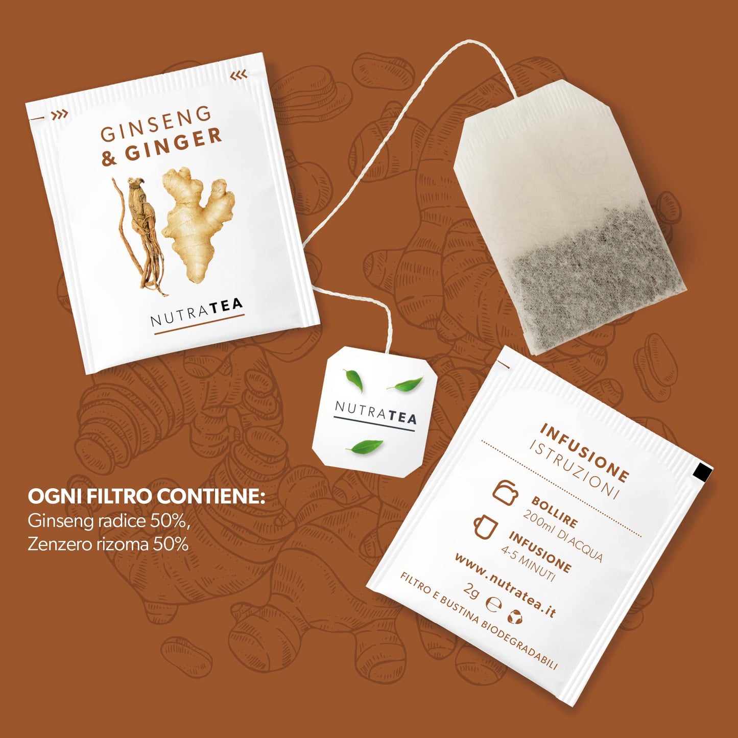 Nutra Tea Ginger & Ginseng Herbal Tea - 20 Count Tea Bags - Immune Support & Wellness Blend