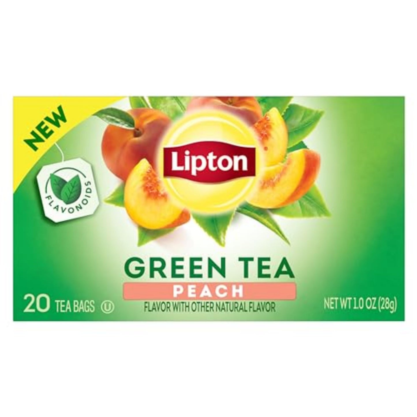 Lipton Peach Green Tea Bags, Flavored Unsweetened, 20 Count, Caffeine and Flavonoids, Model 800323