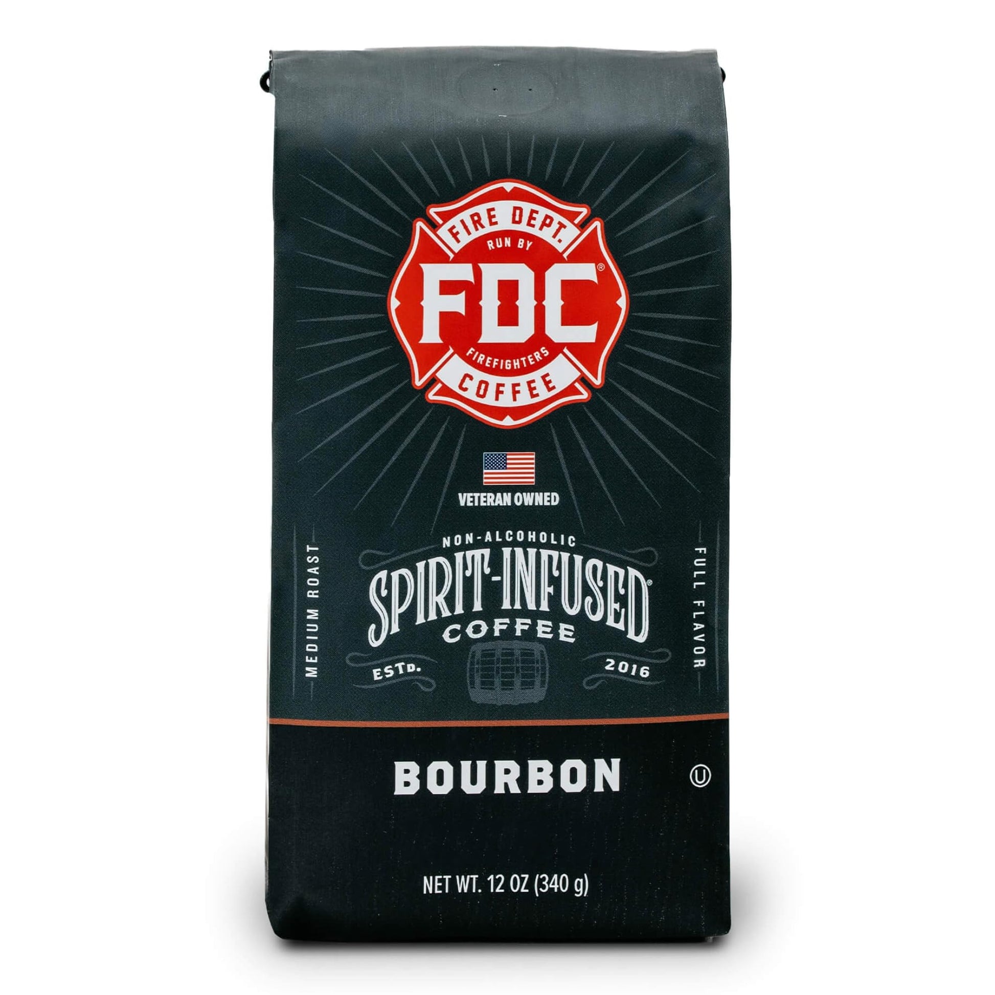 Fire Department Coffee Bourbon Infused Medium Roast 12 oz - Veteran Owned, Non-Alcoholic, Roasted in the USA