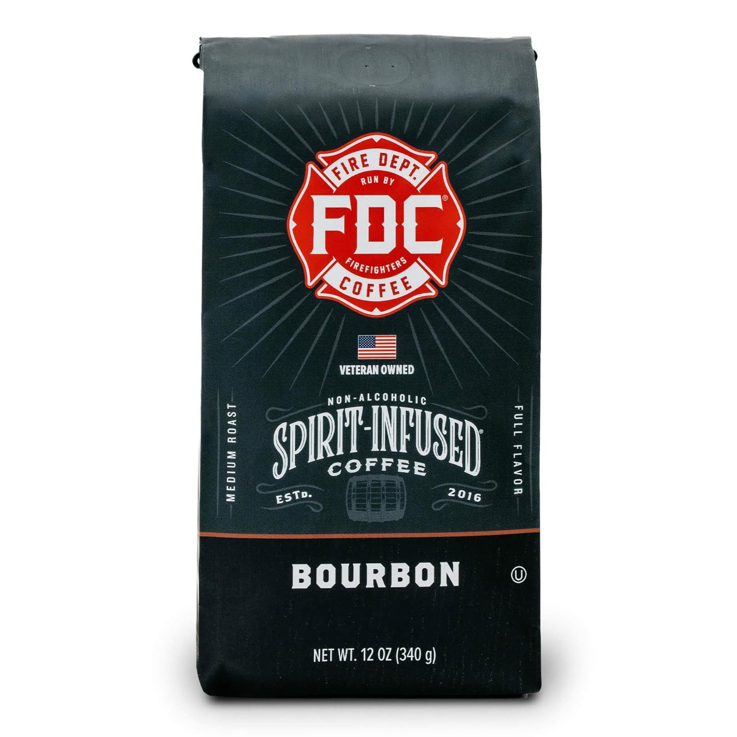 Fire Department Coffee Bourbon Infused Whole Beans, Medium Roast, 12 oz, Veteran Owned, Non-Alcoholic, Roasted in the USA