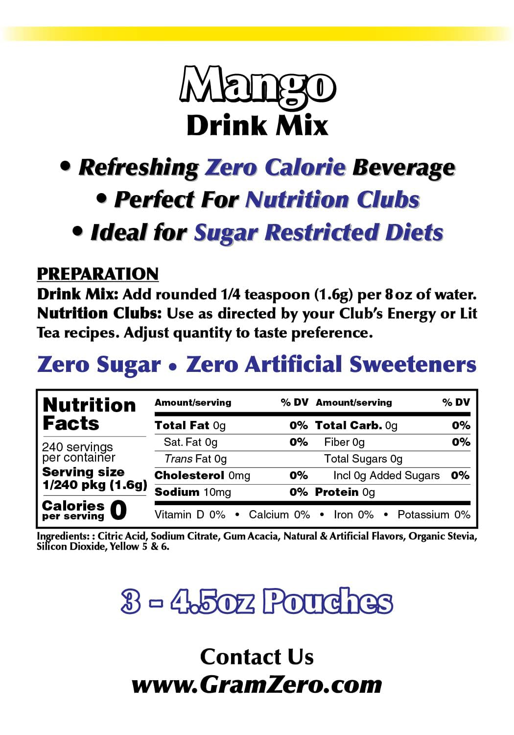 Gramzero Mango Zero Calorie Sugar Free Drink Mix, Great For Nutrition Club Loaded Tea, Stevia Sweetened