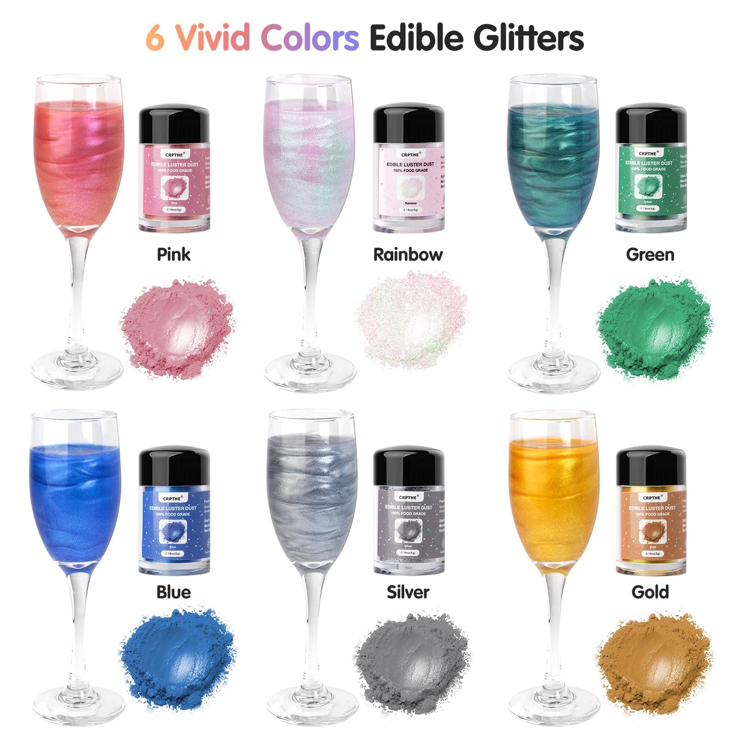 CRPTHE 6 Colors Luster Dust Edible Set, Edible Glitter for Drinks, Food Grade Glitter Shimmer Sprinkle Powder for Cocktails, Bak