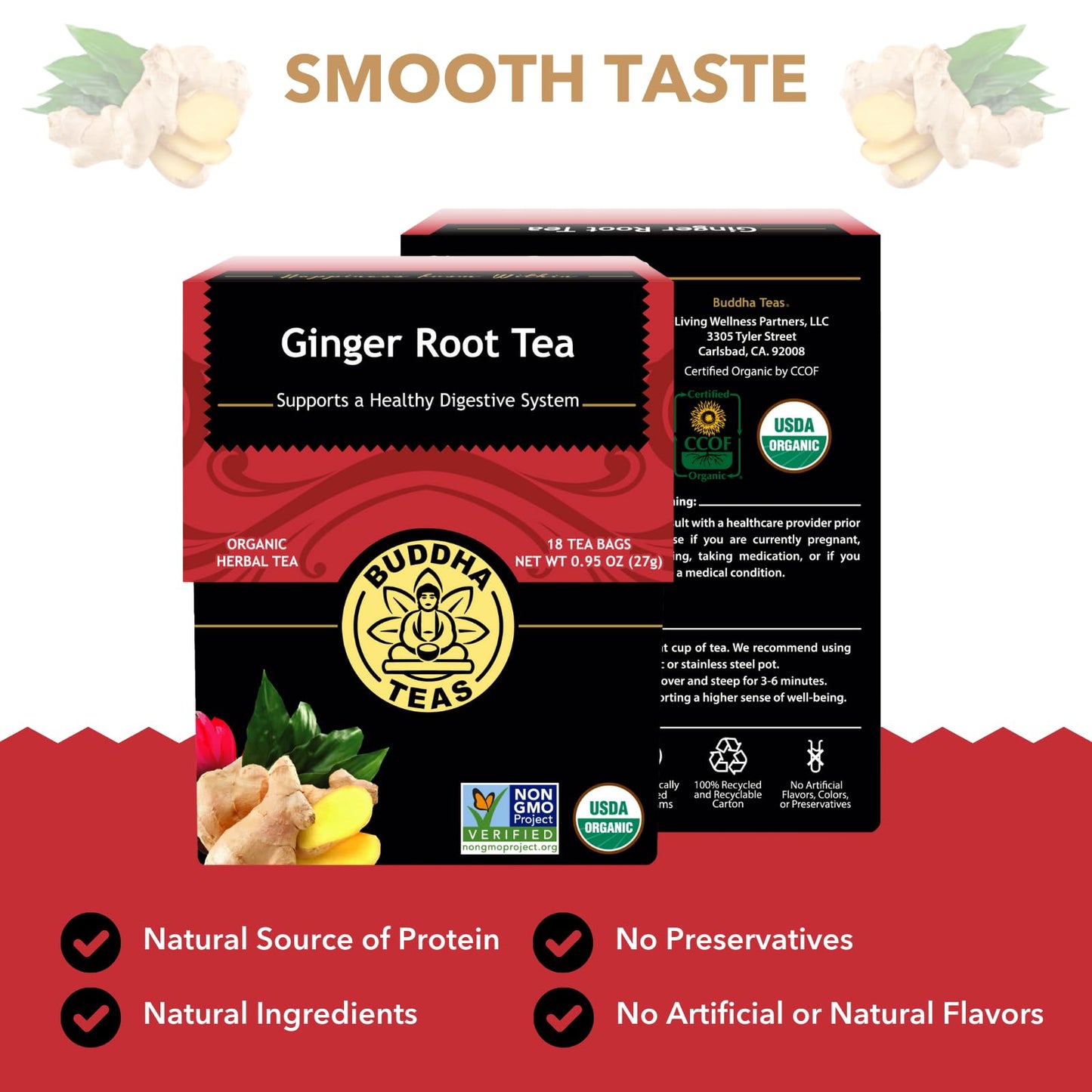 Buddha Teas Organic Ginger Root Tea - Caffeine-Free, Kosher - 18 Bleach-Free Tea Bags - 18 Count