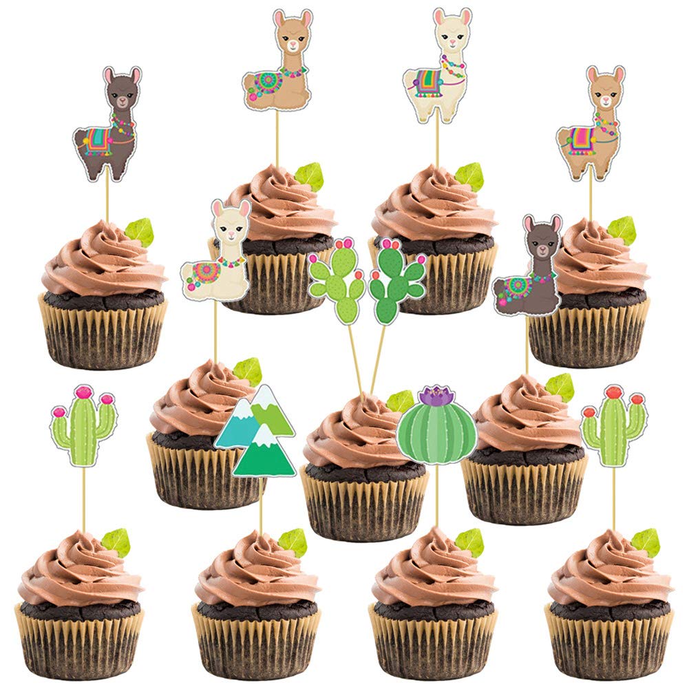 Llama Cactus Cupcake Toppers Party Cake Toppers 48Pcs, Mexican Fiesta Alpaca Cactus Theme Party Supplies Cake Decorations For Ba