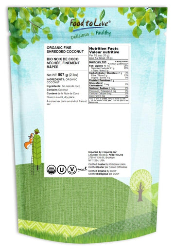 Food To Live - Organic Fine Shredded Coconut, 2 Pounds - Non-Gmo, Raw, Unsweetened Flakes, Vegan, Great For Baking, A Good Sourc