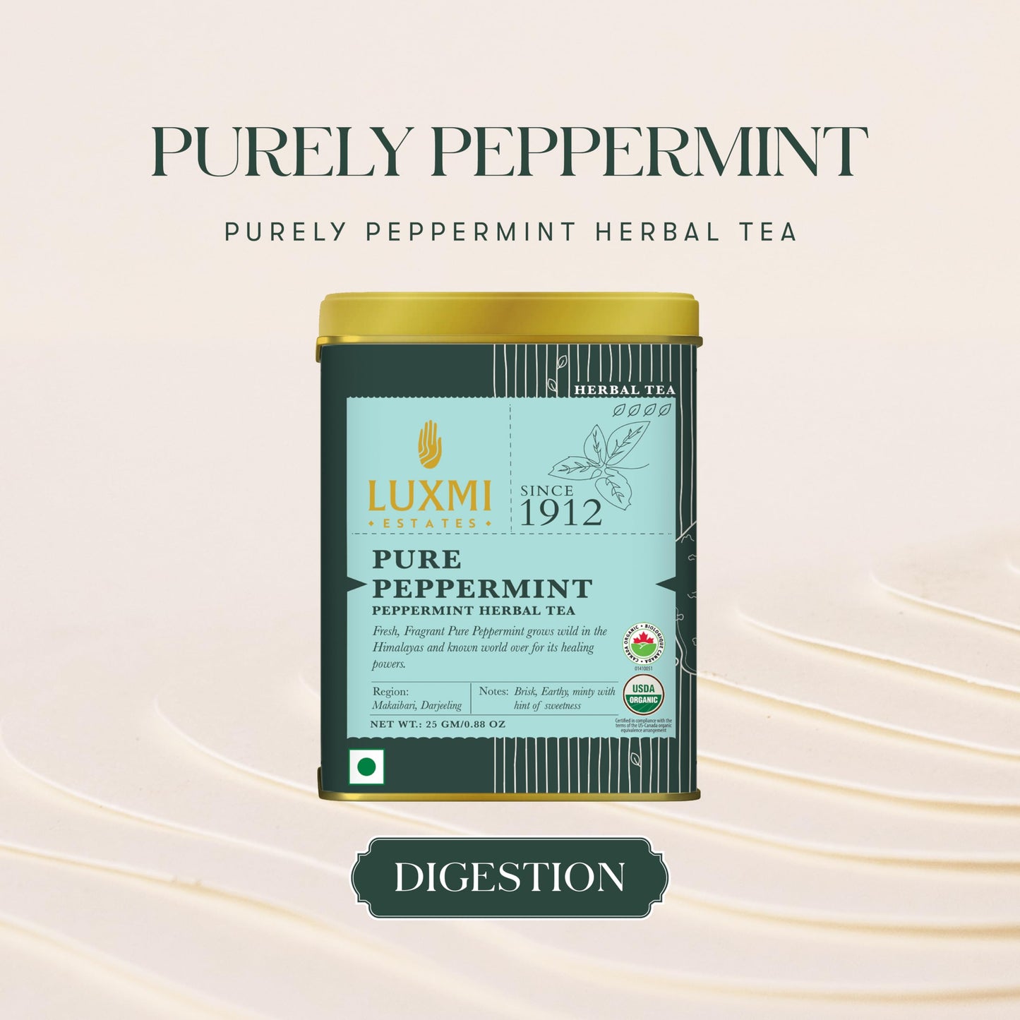 Luxmi Estates Purely Peppermint 25Gm Tin | Usda Certified Organic Herbal Tea | Mint Tea Best For Night Time