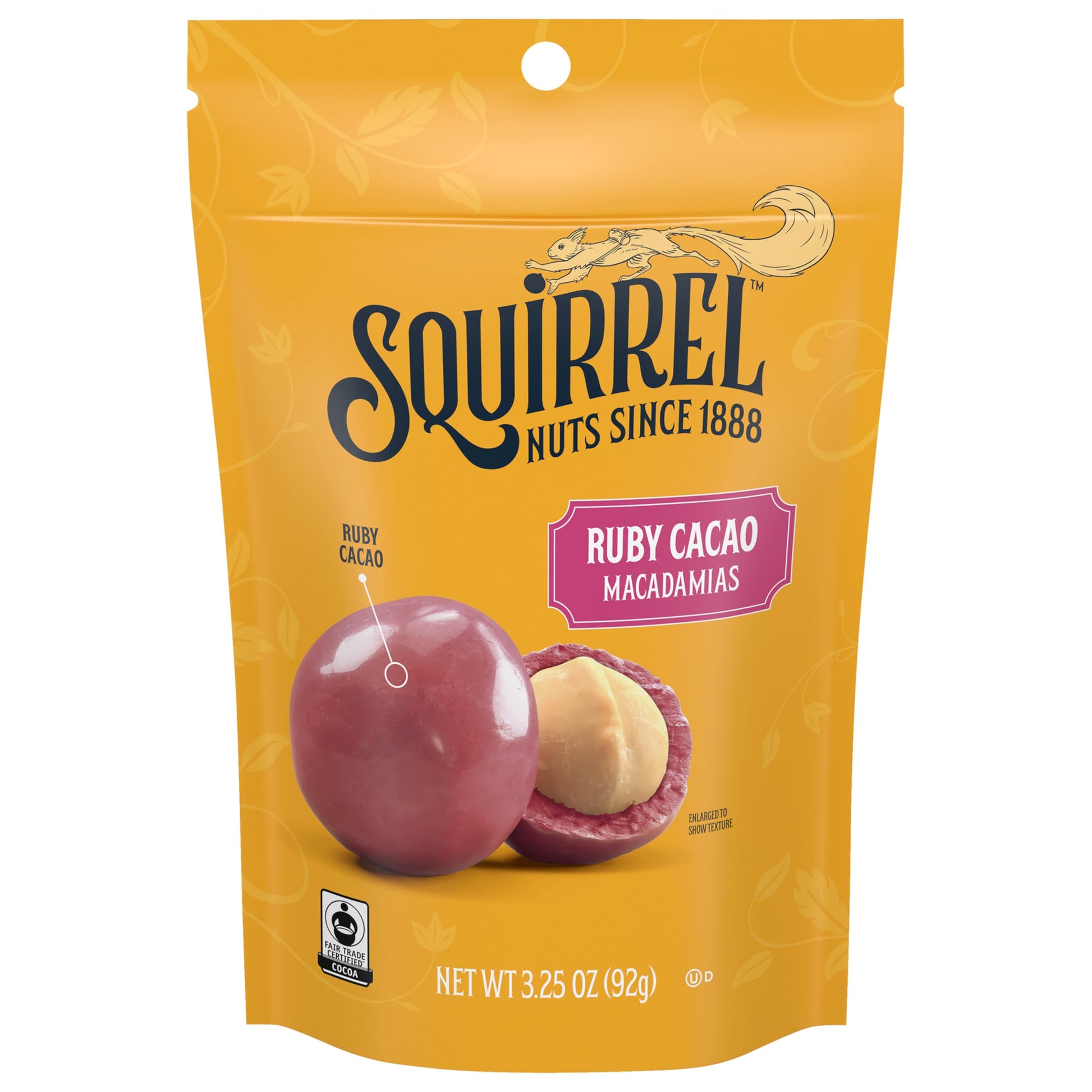 Squirrel Brand Ruby Cacao Macadamias  3.25 Ounces  Resealable Bag  Gluten Free  Kosher  Snacks For 18+ Uses And Kids  Fair Trade Certified Cocoa