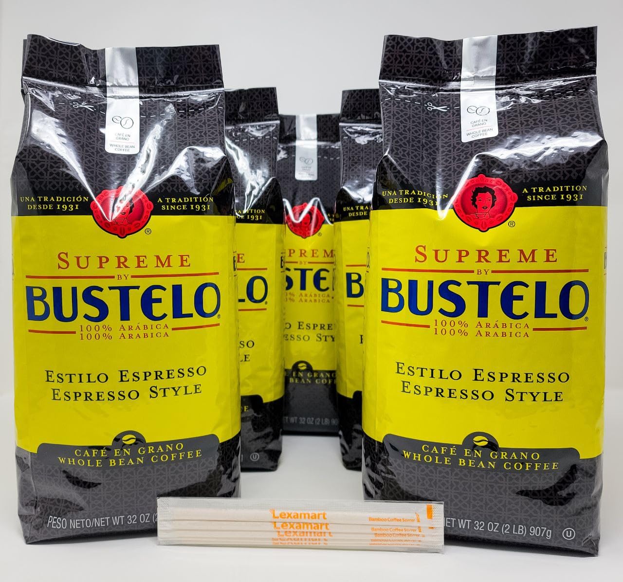 Supreme By Bustelo Whole Bean Espresso Coffee, Five 32-Ounce Bags (10 Pounds) With Complimentary 5-Count, Eco-Friendly And Indiv