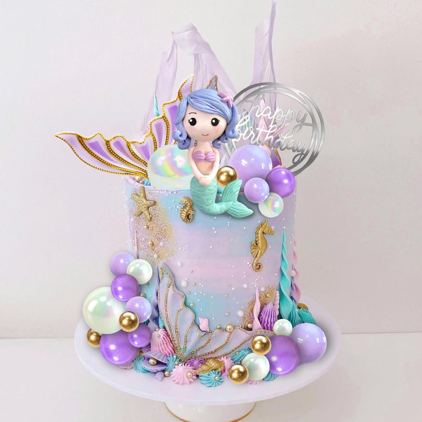 Mermaid Cake Toppers Under The Sea Mermaid Tail Cake Decorations Gold Purple Pearl Ball For Girl Kid Birthday Party Mermaid Them
