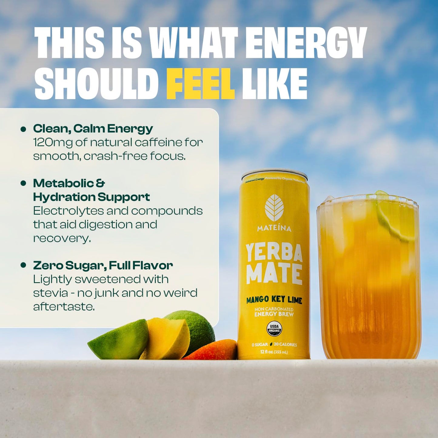 Mateina Yerba Mate Zero Sugar Energy Drink - 120mg Natural Caffeine - Organic  Non-GMO  Non-Carbonated - Dr. Andrew Huberman Recommended - 12 Pack (12oz Cans) (12 Pack  Mango Key Lime)