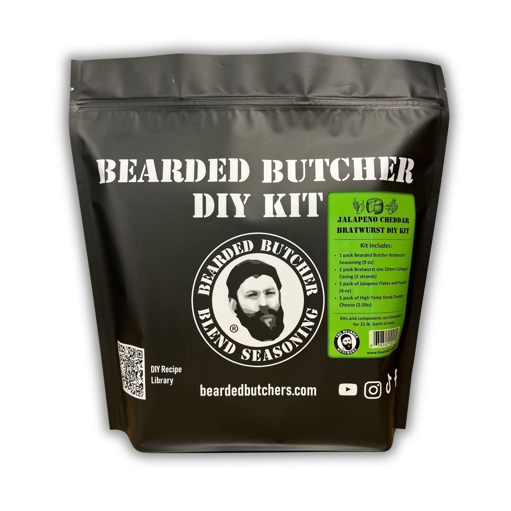 BEARDED BUTCHER BLEND SEASONING Jalapeño Cheddar Bratwurst DIY Kit - Seasoning, Casings, Jalapeño, Cheddar for 25 lbs of Meat