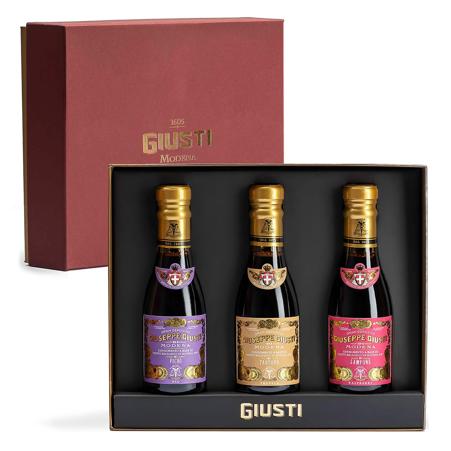 Giusti Balsamic Vinegar Trio Gift Set - 3 x 3.38 fl oz, Premium Italian Aceto Balsamico with Truffle, Raspberry & Fig, Black